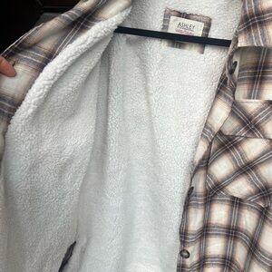 Ashley By 26 International Women's Cream and Brown Plaid Teddy Jacket